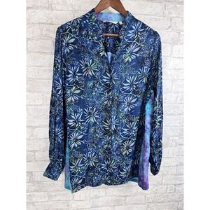 Soft Surroundings Vibrant Mixed Media Button Down Top Teal Green Purple‎ Size L